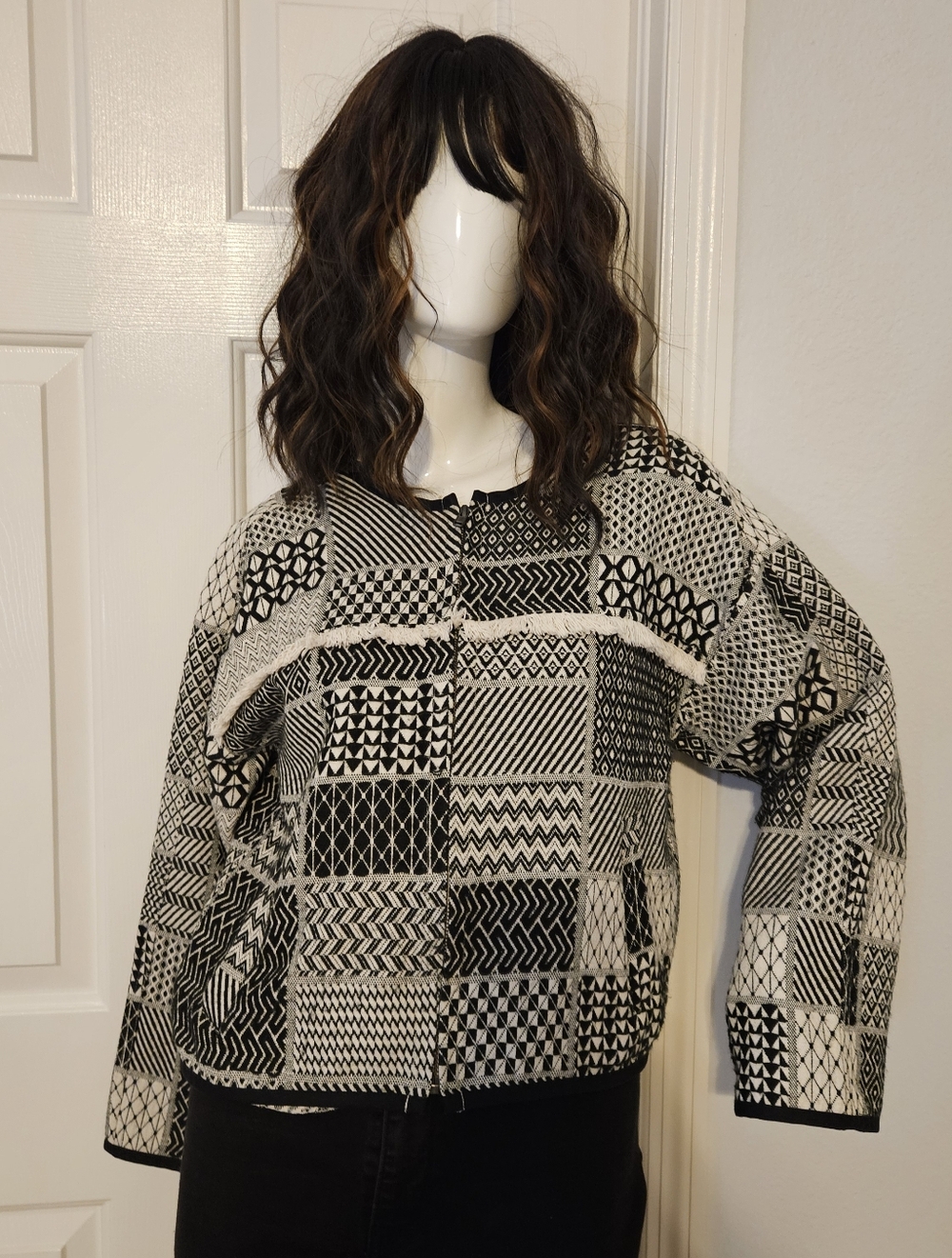 Madewell Jaquard Knit Black & White Geometric Patchwork Jacket Size M Pockets